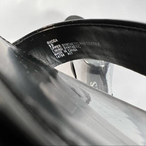 Chaps Rhoda black patent leather stretch slide on wedge open toe heel sandals 9 - Picture 7 of 7